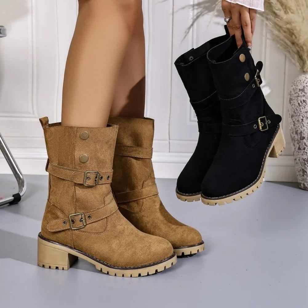 VKJF Women's Vintage Western Mid-Calf Boots | Buckle Slip-On