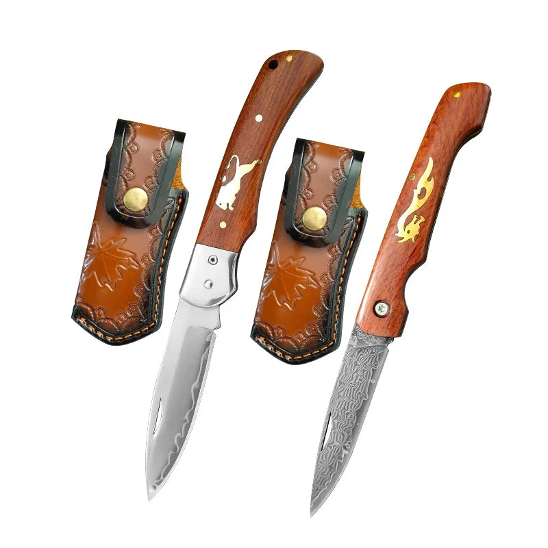 Folding Damascus Steel Kitchen Knife – Wood Handle | InLeung