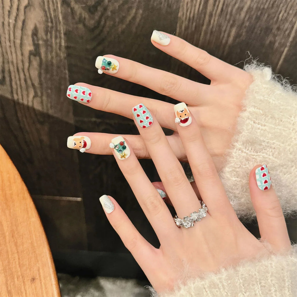 Christmas Press On Nails | 3D Bow Sequin Handmade Fake Nails 10pc