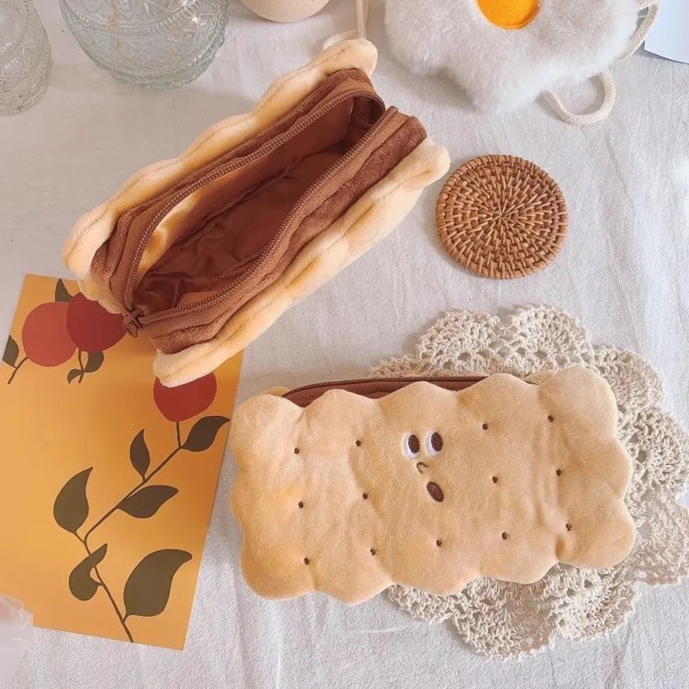 Kawaii Pencil Case Capacity Plush Cookies Pen Bags Cute Cartoon Brown