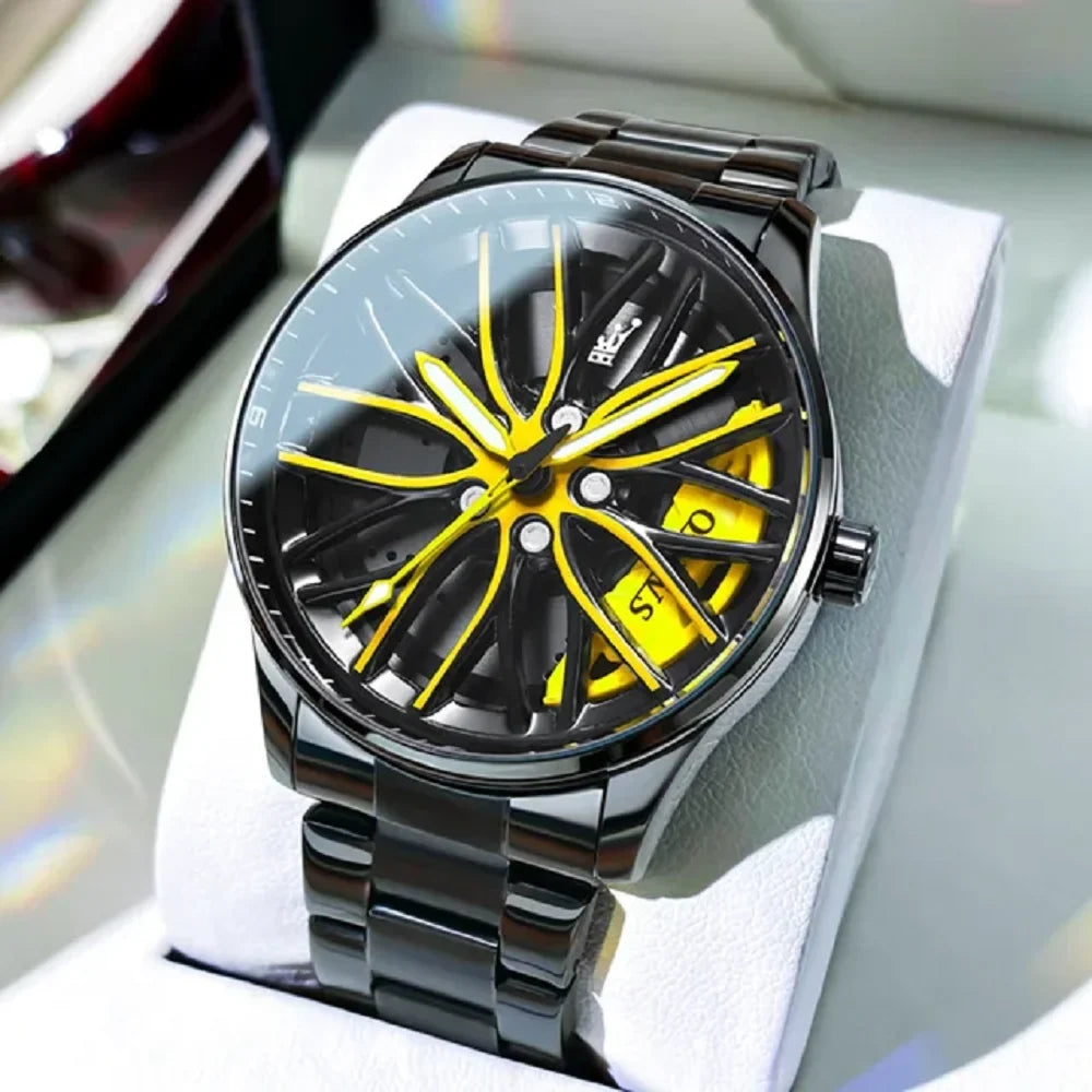 Men's Car Rim Quartz Watch – Leather Strap & Round Dial