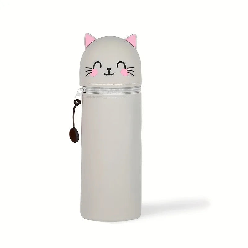 2-in-1 Expandable Silicone Cute Pencil Case Cat Design Desk Organizer