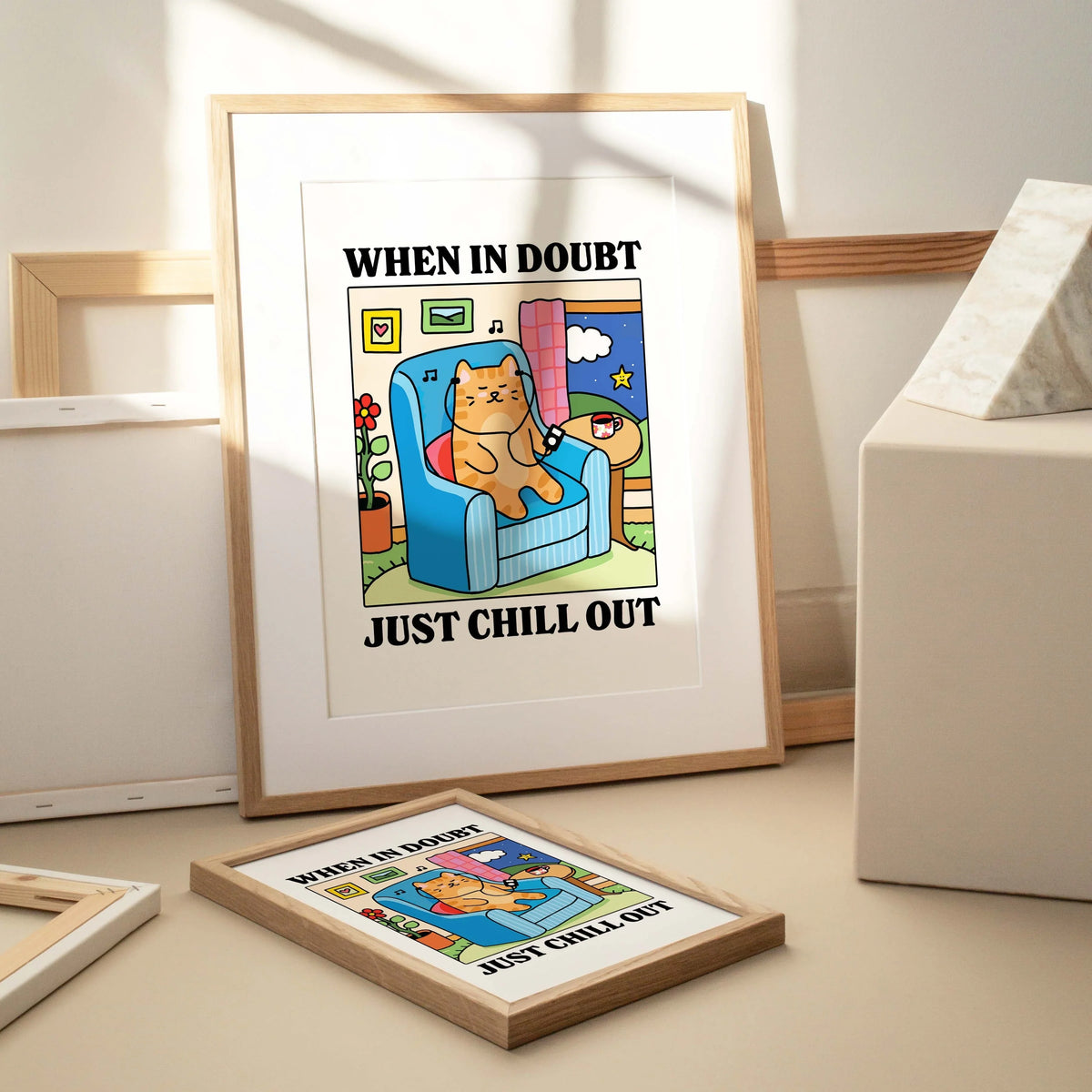 "When In Doubt, Chill Out" Cartoon Cat Canvas Wall Art Print