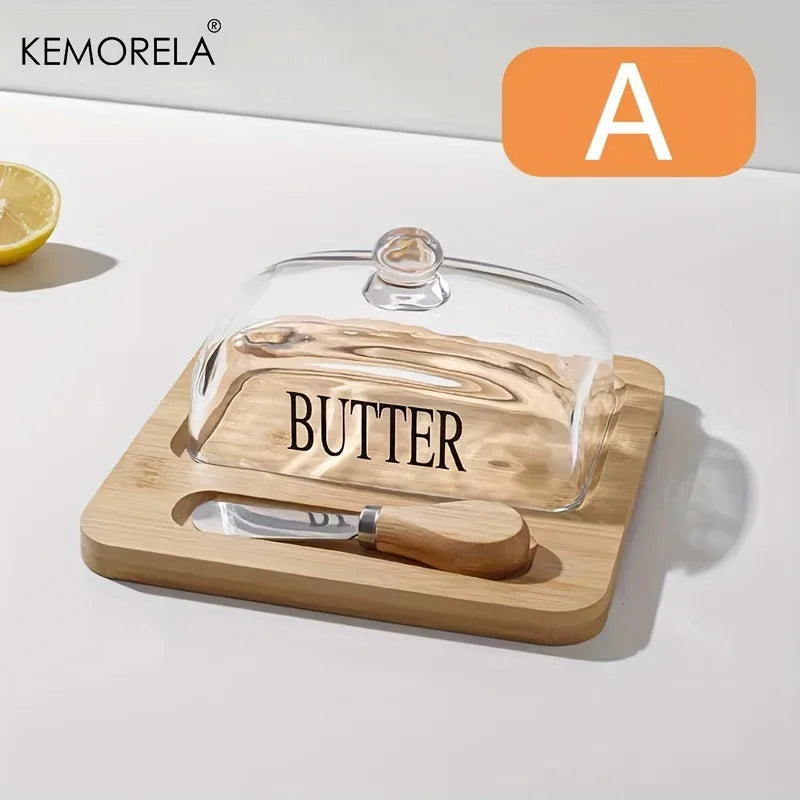 KEMORELA Wood Butter Dish with Glass Lid & Knife | Cheese Plate