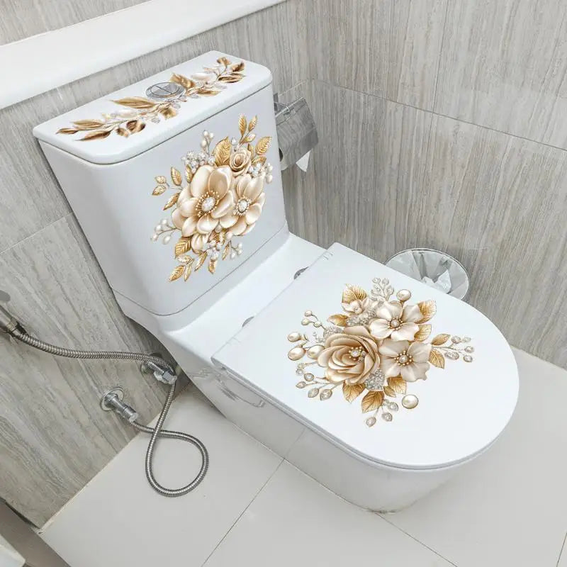 Gold Pearl Floral Toilet Sticker – Waterproof Bathroom Decal