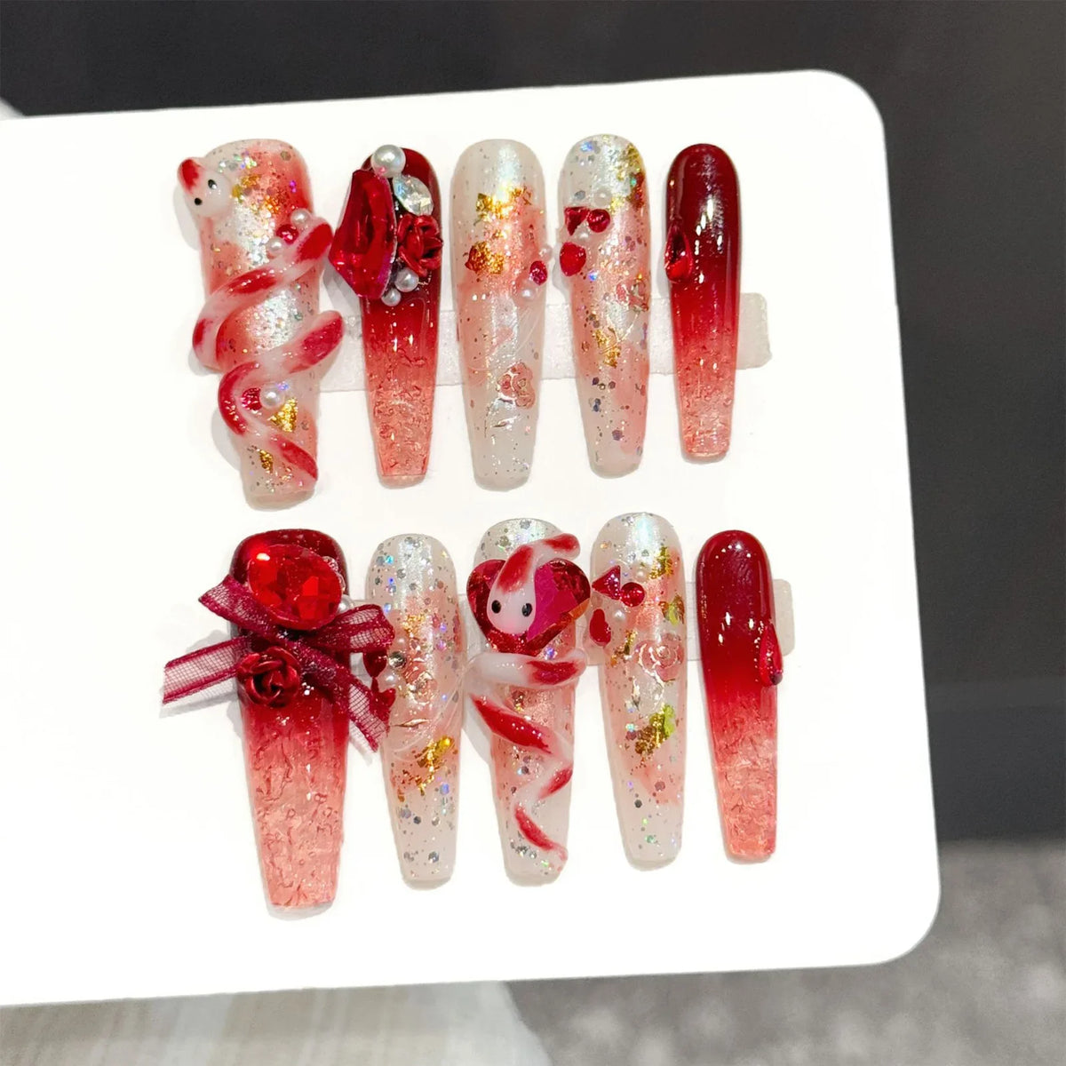 3D Snake Rose Press On Nails – Long Coffin Red Pink Gradient