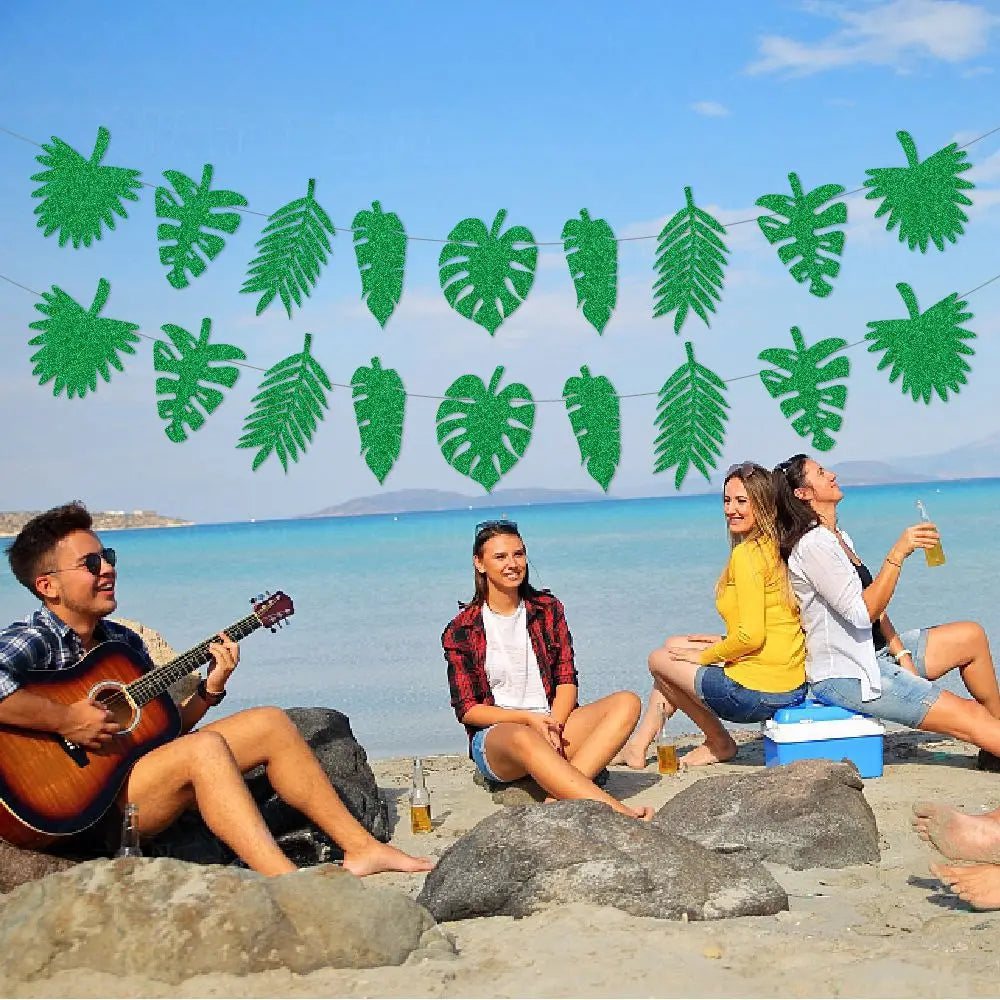 Glitter Tropical Leaf Banner Monstera Palm Leaves Garland Hawaiian