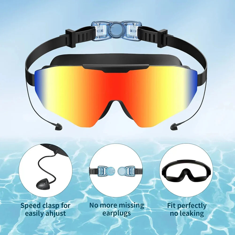 Mirrored Anti-Fog Swim Goggles | Wide View Large Frame & Earplugs