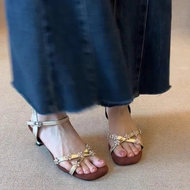 Women's Flower Buckle Peep Toe Low Heel Sandals | Party Shoes