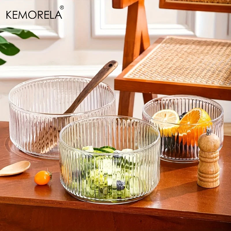 KEMORELA Striped Glass Salad & Fruit Bowl – Serving Dish