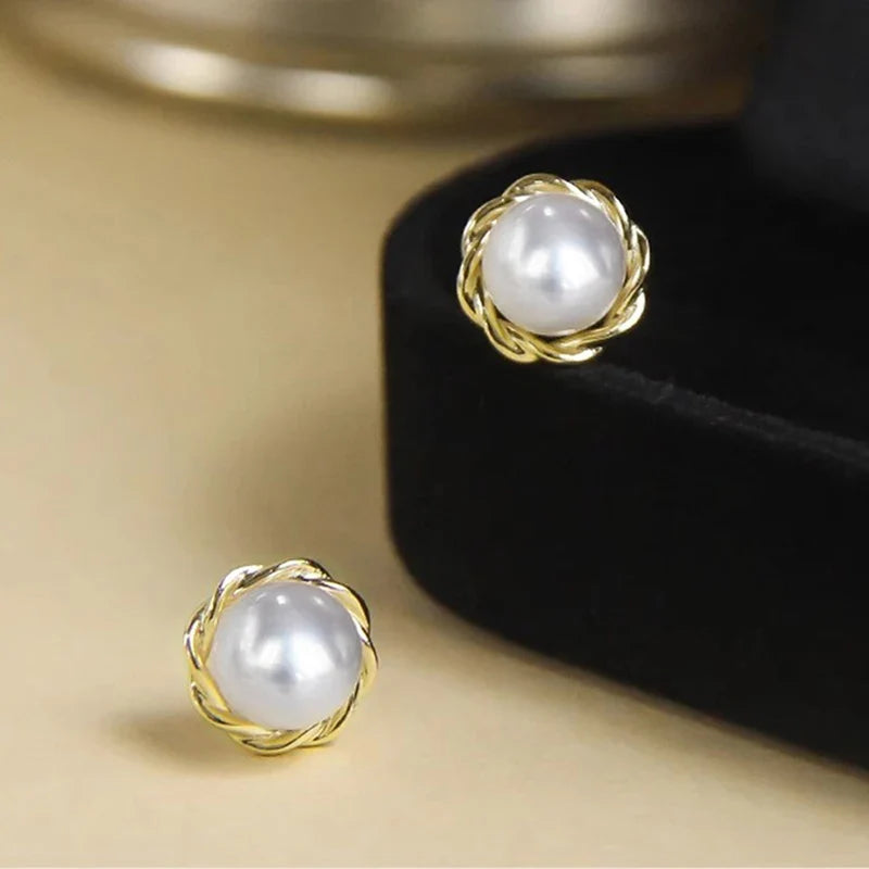 Huitan Gold Pearl Stud Earrings | Simulated Pearl Fashion Jewelry