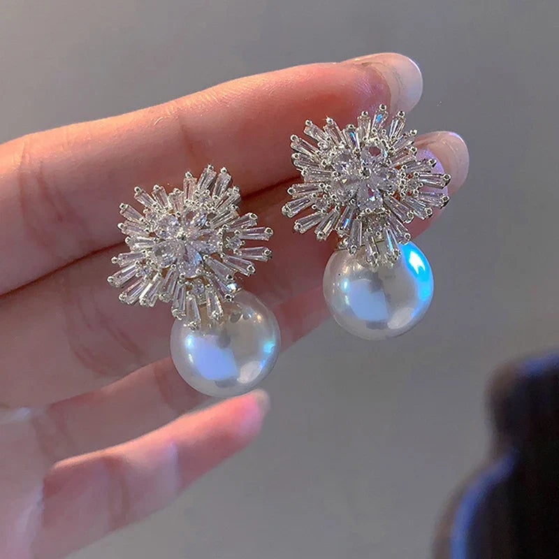 Huitan CZ Flower Pearl Drop Earrings – Wedding & Party Jewelry