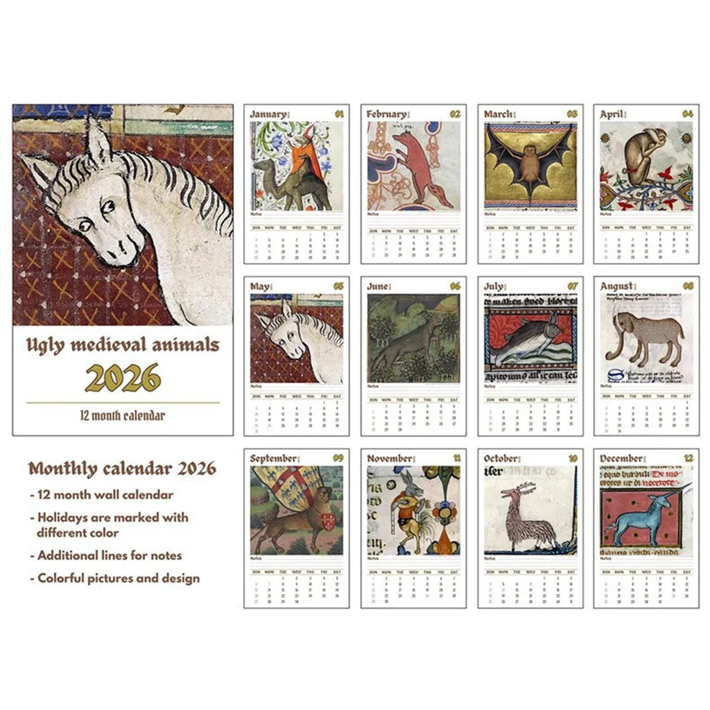2026 Medieval Animal Wall Calendar | Funny Ugly Art Design