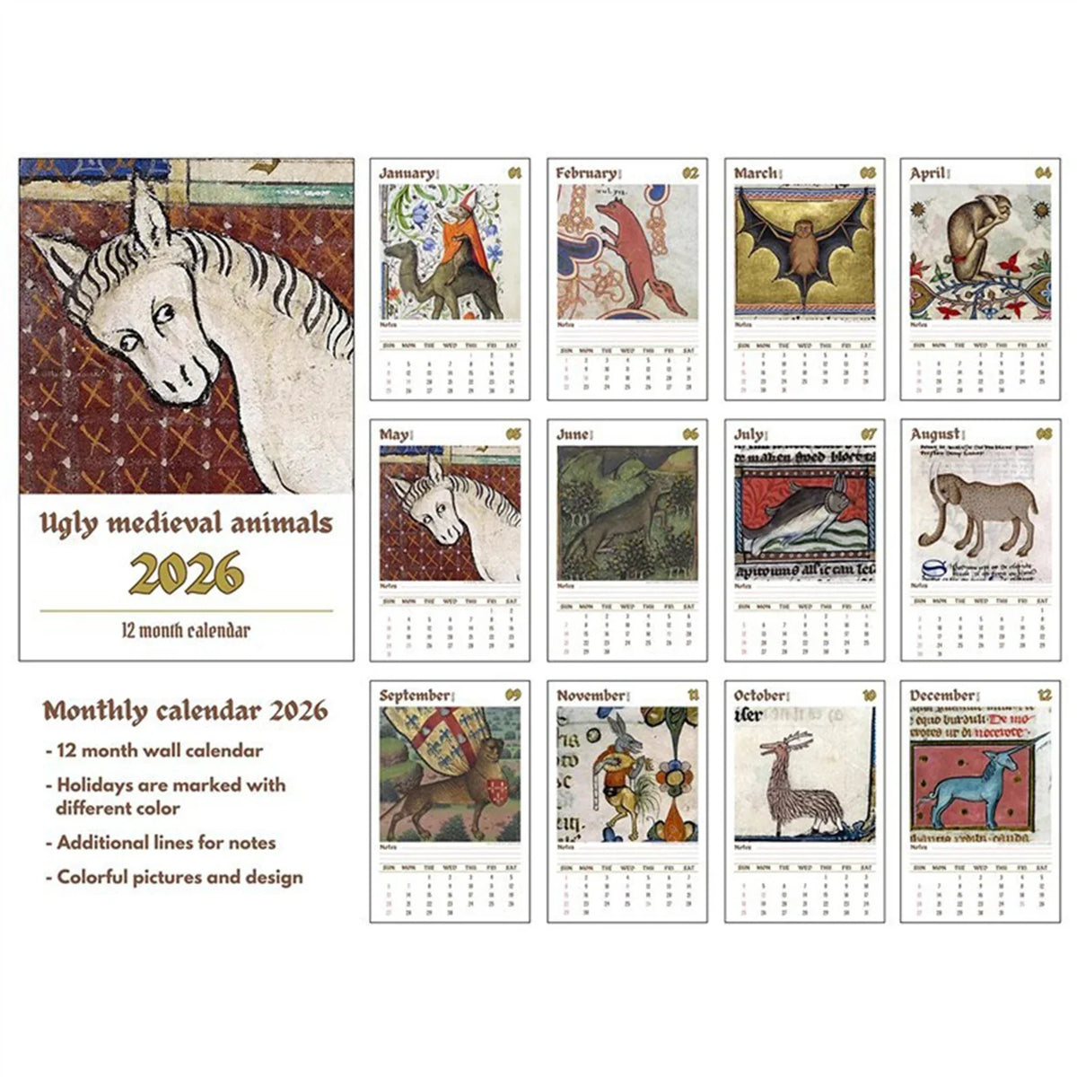 2026 Medieval Animal Wall Calendar | Funny Ugly Art Design
