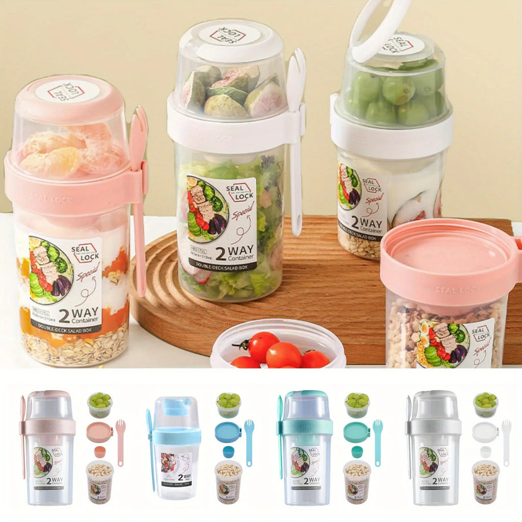 Portable Salad Cups Container Plastic Lid Fork Overnight Cup