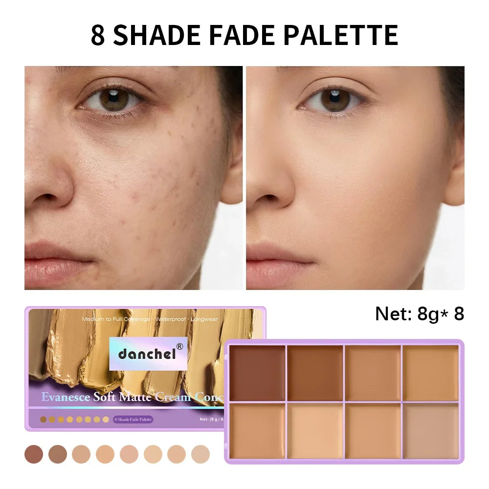 8-Shade Matte Cream Concealer Palette – Full Coverage, 12H Wear