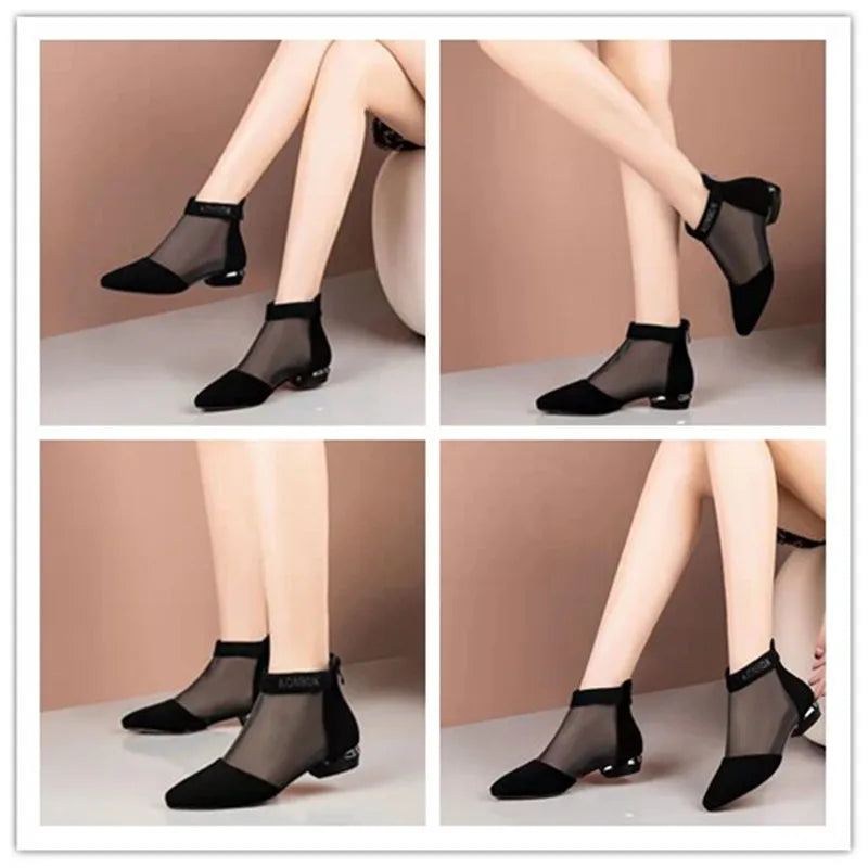Women's Pointed Toe Mesh Ankle Boots | Low Heel | Lorilury