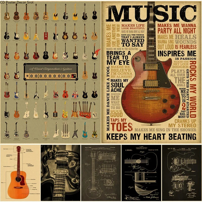 Vintage Guitar Kraft Paper Poster – Retro Music Wall Art Print