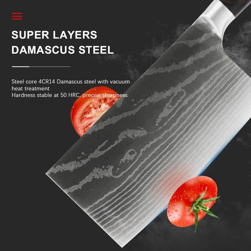 Chinese Cleaver Damascus Knife – Sharp Stainless Steel, Wood Handle