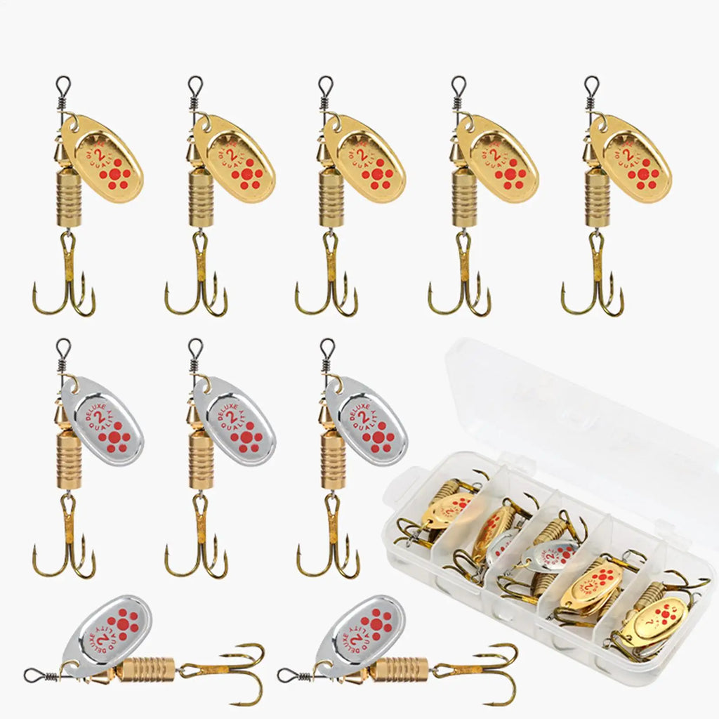 10-Pc Gold Spinner Baits Set – Three-Hook Metal Fishing Lures