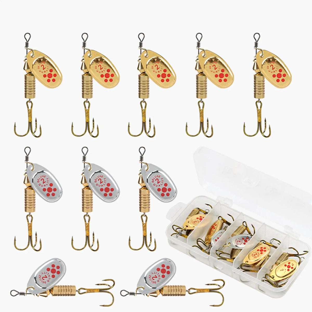 10-Pc Gold Spinner Baits Set – Three-Hook Metal Fishing Lures