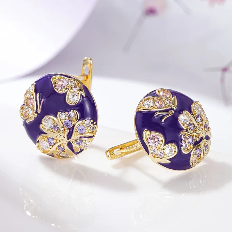Huitan Purple Flower Enamel Gold Hoop Earrings for Women