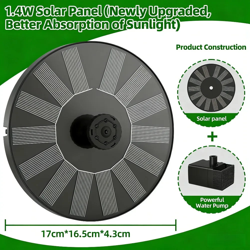 1.4W Solar Bird Bath Fountain Pump – 6 Nozzles & Crash Bars