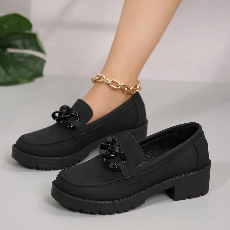 Women's Platform Loafers – Chunky Heel Slip-On Shoes & Metal Buckle