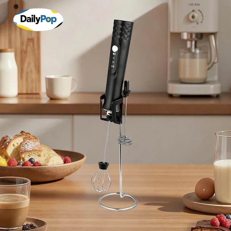 3-Whisk Electric Milk Frother with Stand | 3-Speed Rechargeable