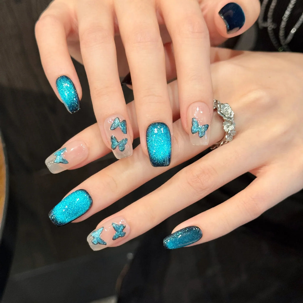 Blue Cat Eye Press On Nails – Butterfly Almond Tips 10pc