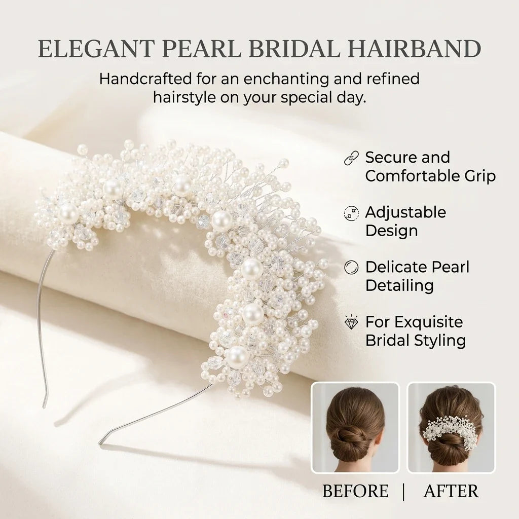 Bridal Pearl Hairband | Korean Style Pink Flower Wedding Headpiece