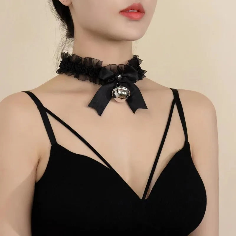Gothic Lace Bow Bell Choker Necklace – Women's Party Jewelry