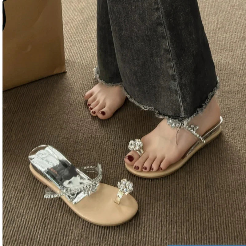 Women's Rhinestone Bohemian Clip Toe Beach Sandals | Low Heel