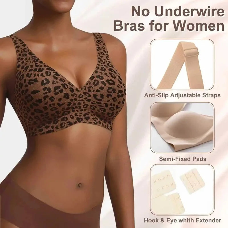 Leopard Print Wireless Bra – Seamless, Wire-Free, Full Cup