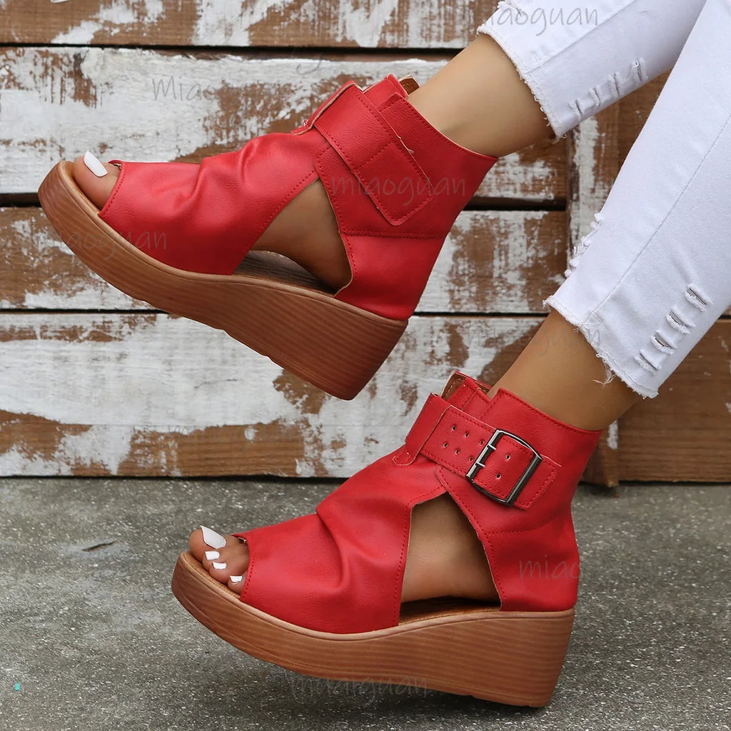 Plus Size Wedge Platform Sandals – Retro Roman Buckle Heels