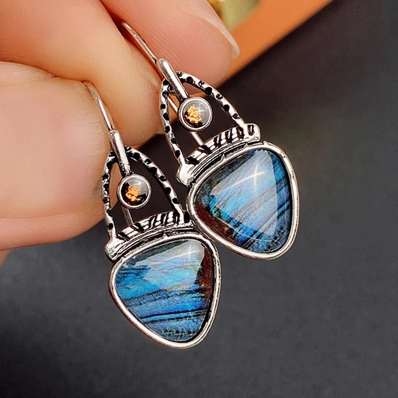 Huitan Punk Drop Earrings – Blue & Orange Geometric Print