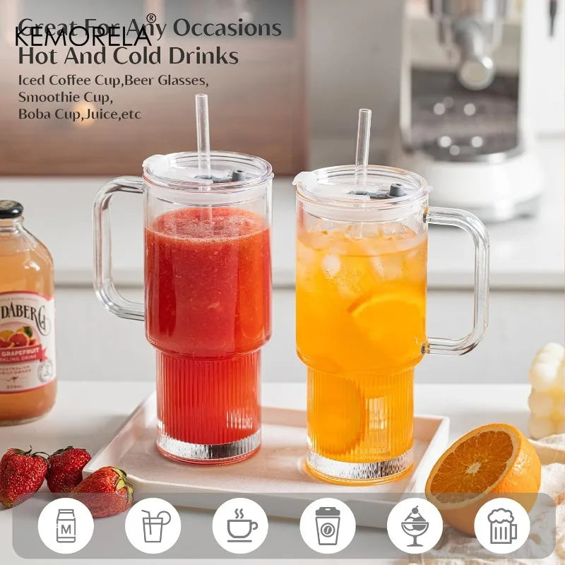 KEMORELA 750ml Glass Tumbler with Handle, Lid & Straw