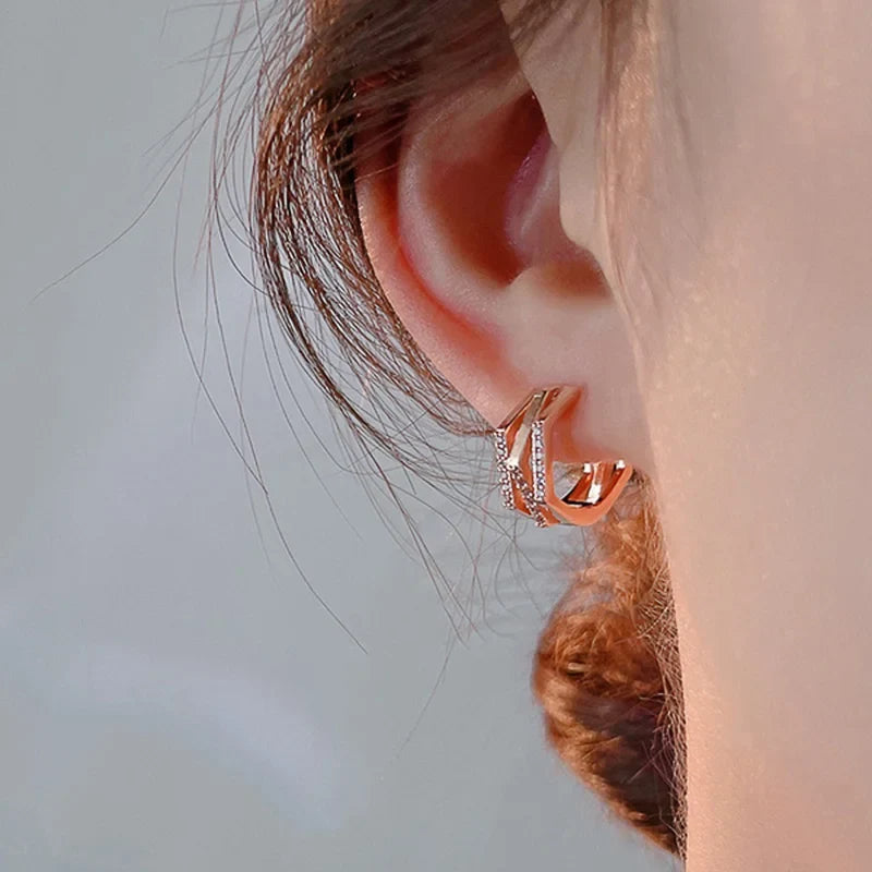 Huitan Rose Gold Geometric Hoop Earrings | Cubic Zirconia