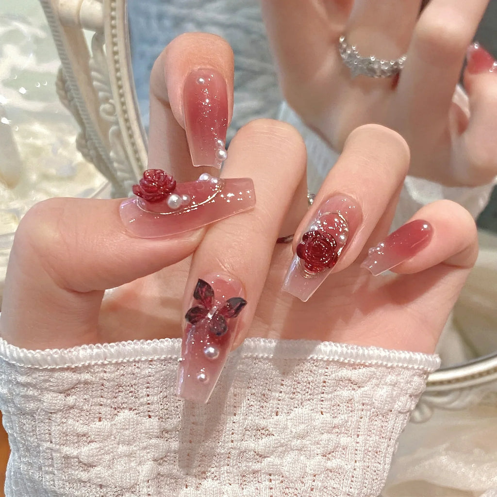 3D Butterfly Pearl Rose Press On Nails | Korean False Nails