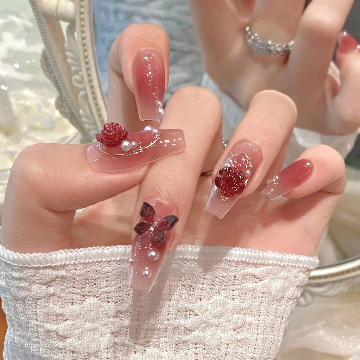 3D Butterfly Pearl Rose Press On Nails | Korean False Nails