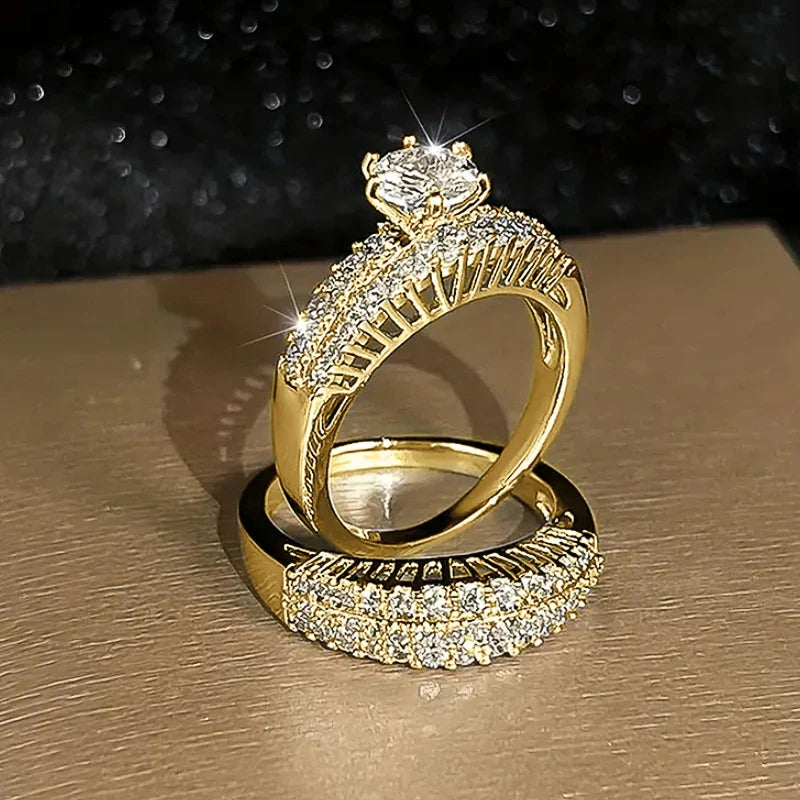 Huitan 6-Claw CZ Bridal Ring Set – 2Pcs Wedding Bands
