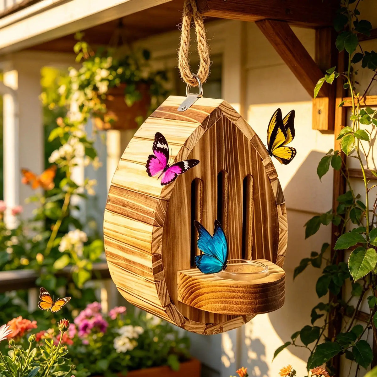 Wooden Butterfly House Natural Teardrop-shaped Shelter Feeder Nesting