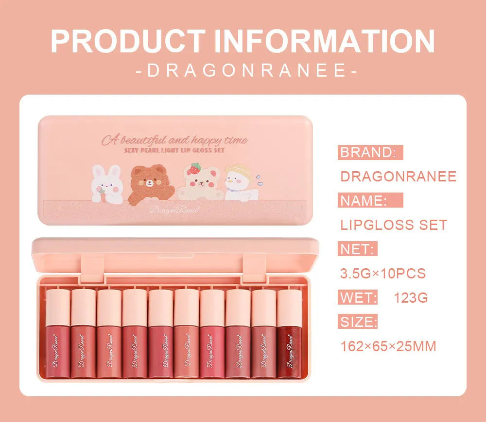 10-Color Cartoon Lip Gloss Set – Waterproof Mirror Finish Glaze