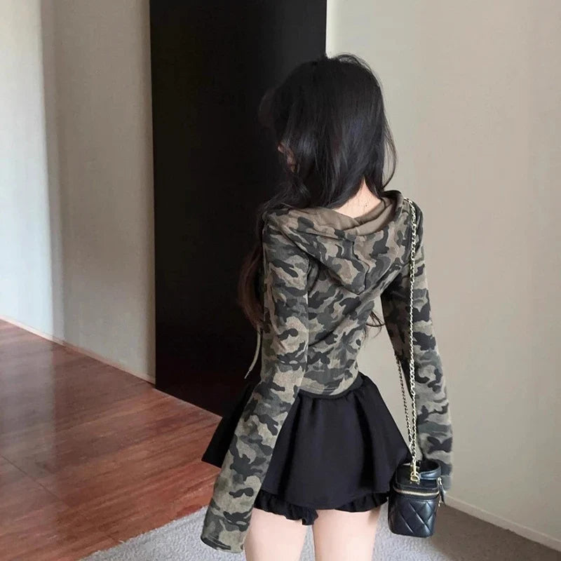 Women's Camo Hooded Crop Jacket – Zip Up Slim Fit Streetwear