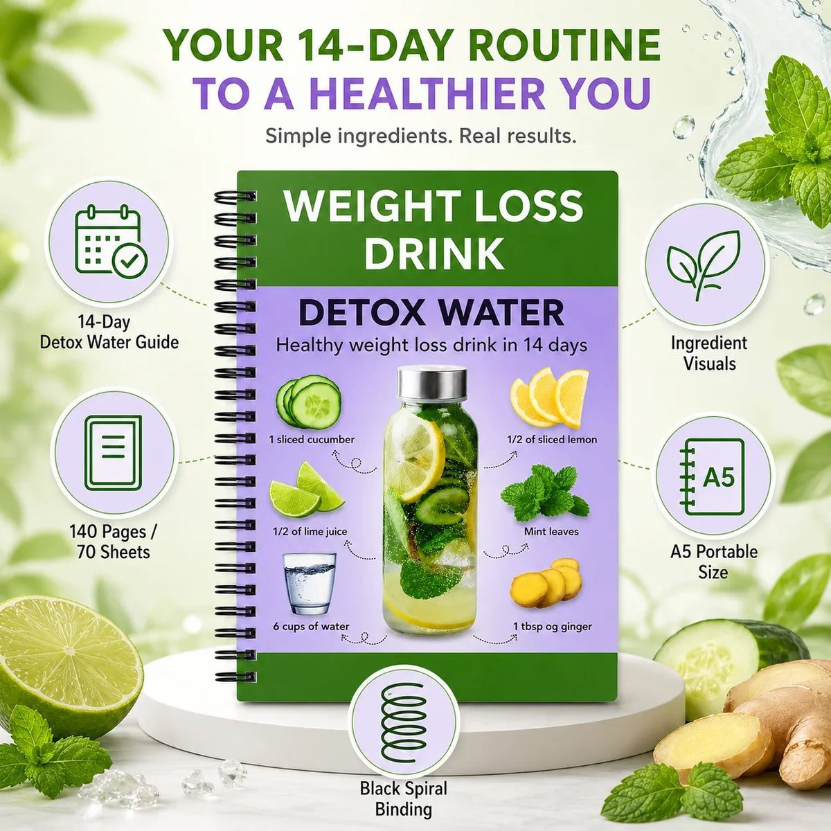 14-Day Detox Water Guide A5 Spiral Notebook 140-Page Healthy Drink