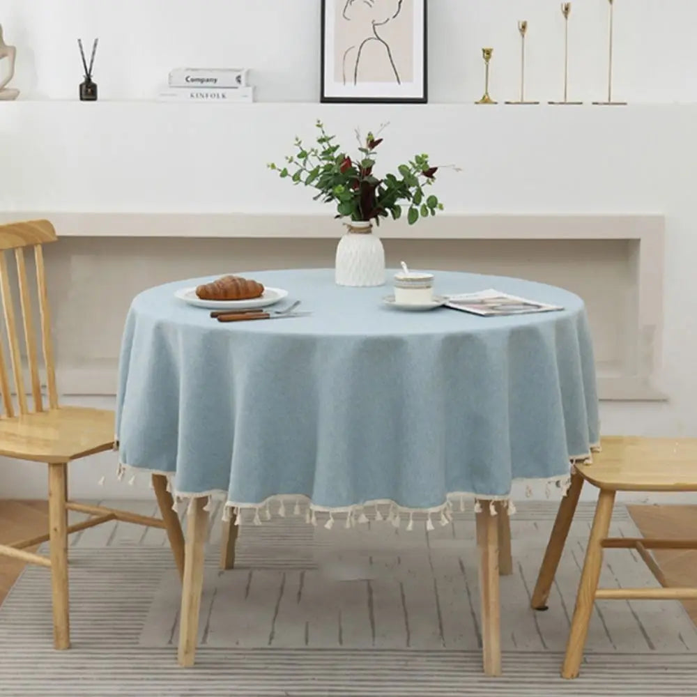 Round Cotton Linen Tablecloth with Tassels | Waterproof & Dustproof