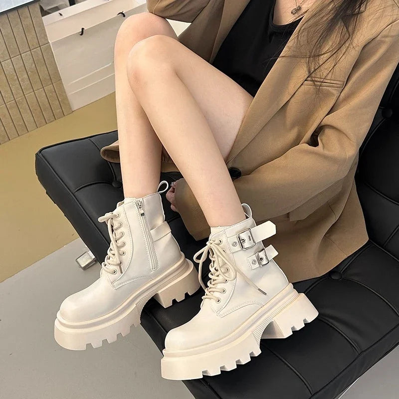 Women's Platform Ankle Boots – Square Heel Zip Buckle Booties