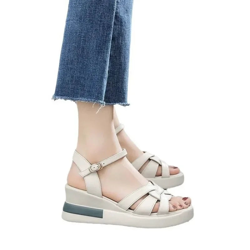 Women's Retro Hollow Button Open-Toe Wedge Sandals