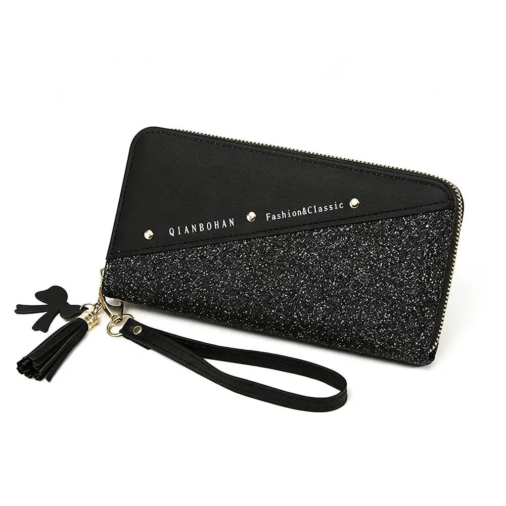 Women's Glitter PU Leather Wallet – Tassel Zipper Clutch Purse