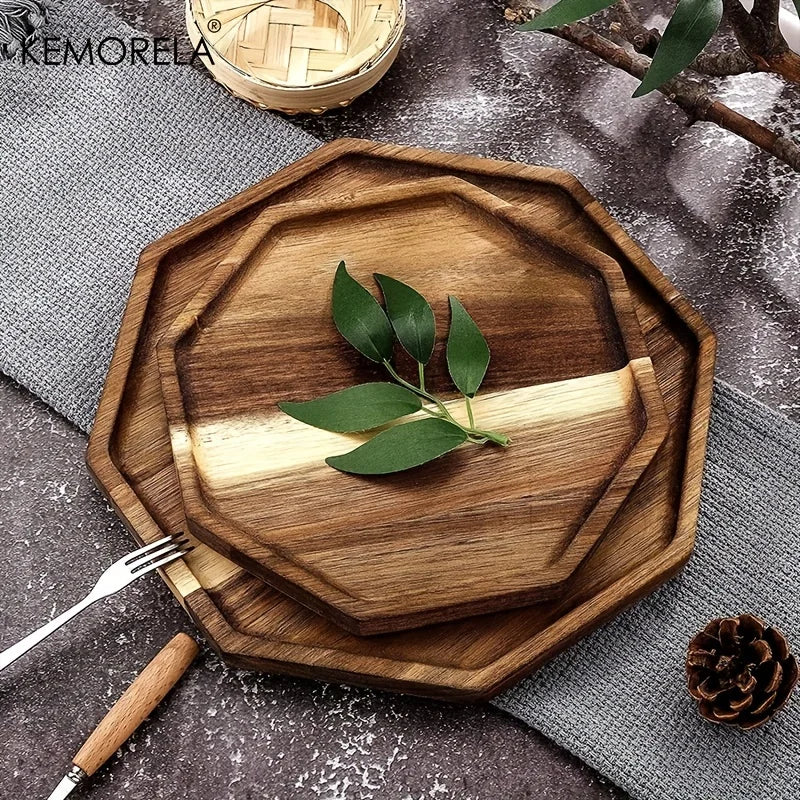 KEMORELA Acacia Wood Serving Tray – Octagonal Dinner & Dessert Plate